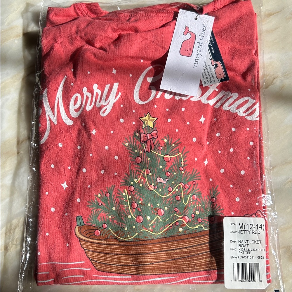 Vineyard Vines Merry Christmas Graphic Long Sleeve Pocket T-Shirt Sz Med (12-14)